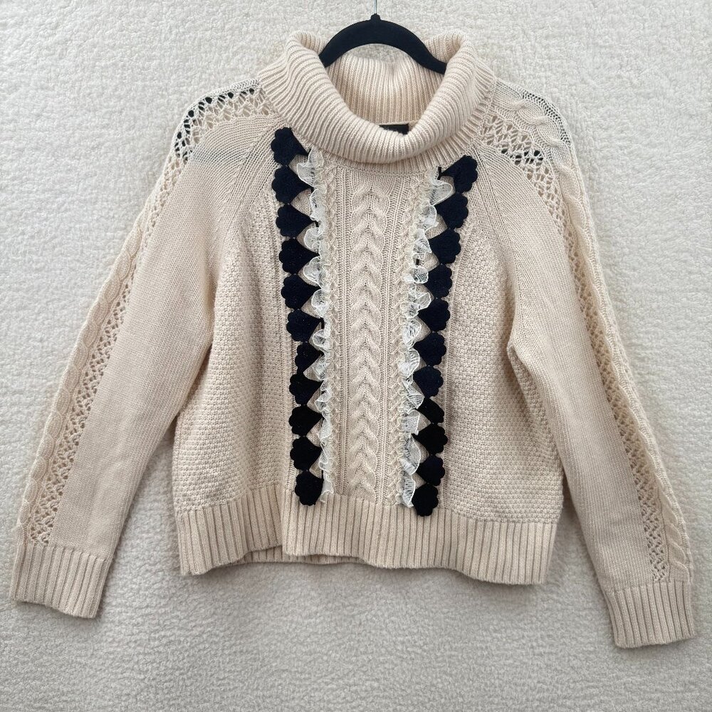 J.Crew cable knit Cowl High neck cream sweater Black lace Ruffle Wool Blend SZ M